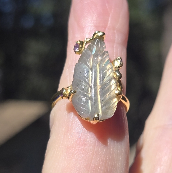 Labradorite Leaf 14k Amethyst Sterling & Gold Ring Sz7 - Picture 4 of 10